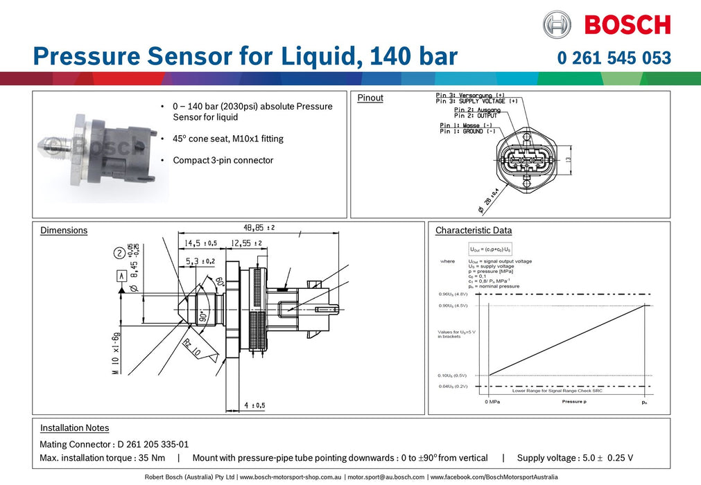 Bosch Motorsport - 140 Bar Pressure Sensor for Liquid - Goleby's Parts | Goleby's Parts