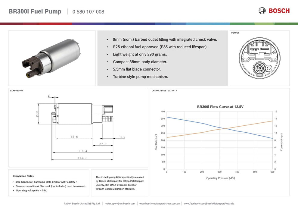 Bosch Motorsport - BR300i In Tank Fuel Pump 300LPH @ 3.5 Bar