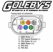 A wiring diagram from Goleby's Parts & Fabrication showing the back of a multi-pin connector with numbered pins 1 through 6. The diagram includes labeled wire connections for the DBW motor and TPS signals, with a list of terminal names below on a white background.