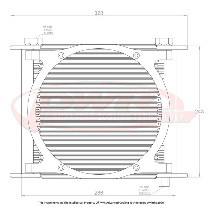 PWR - Universal Engine Oil Cooler Plate and Fin 280 x 256 x 37mm (28 Row) suits 9" SPAL Fan, Temp Switch Boss