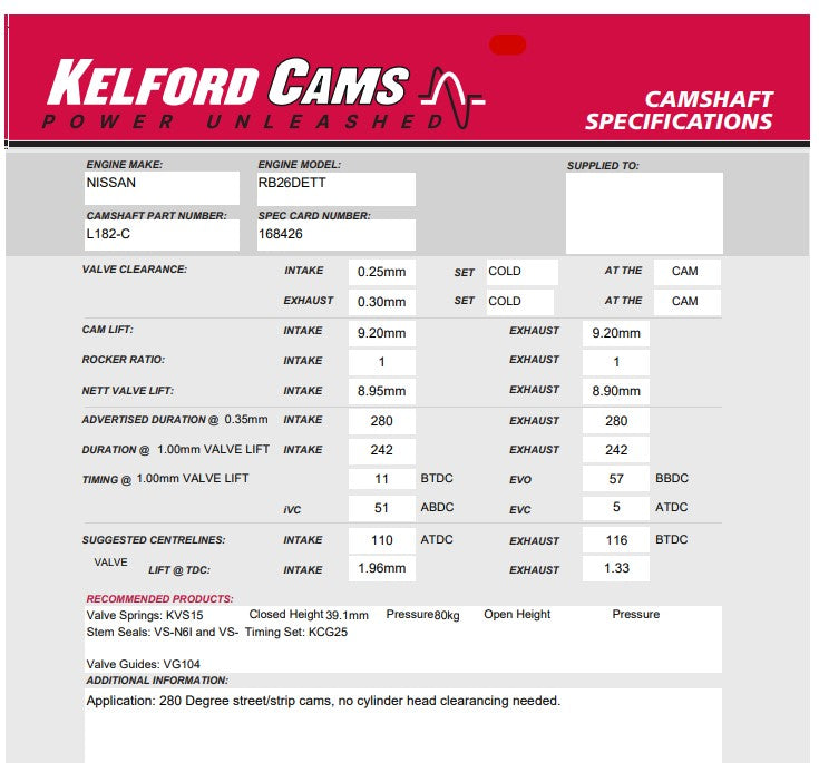 Clearance - 30% Off - Kelford Cams RB26 L182-C Camshafts