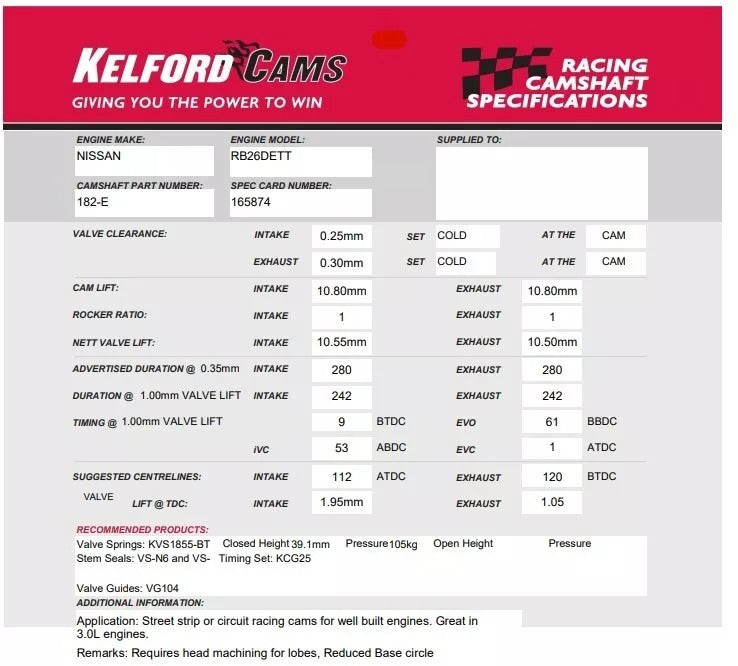 Clearance - 30% Off - Kelford Cams RB26 182-E Camshafts